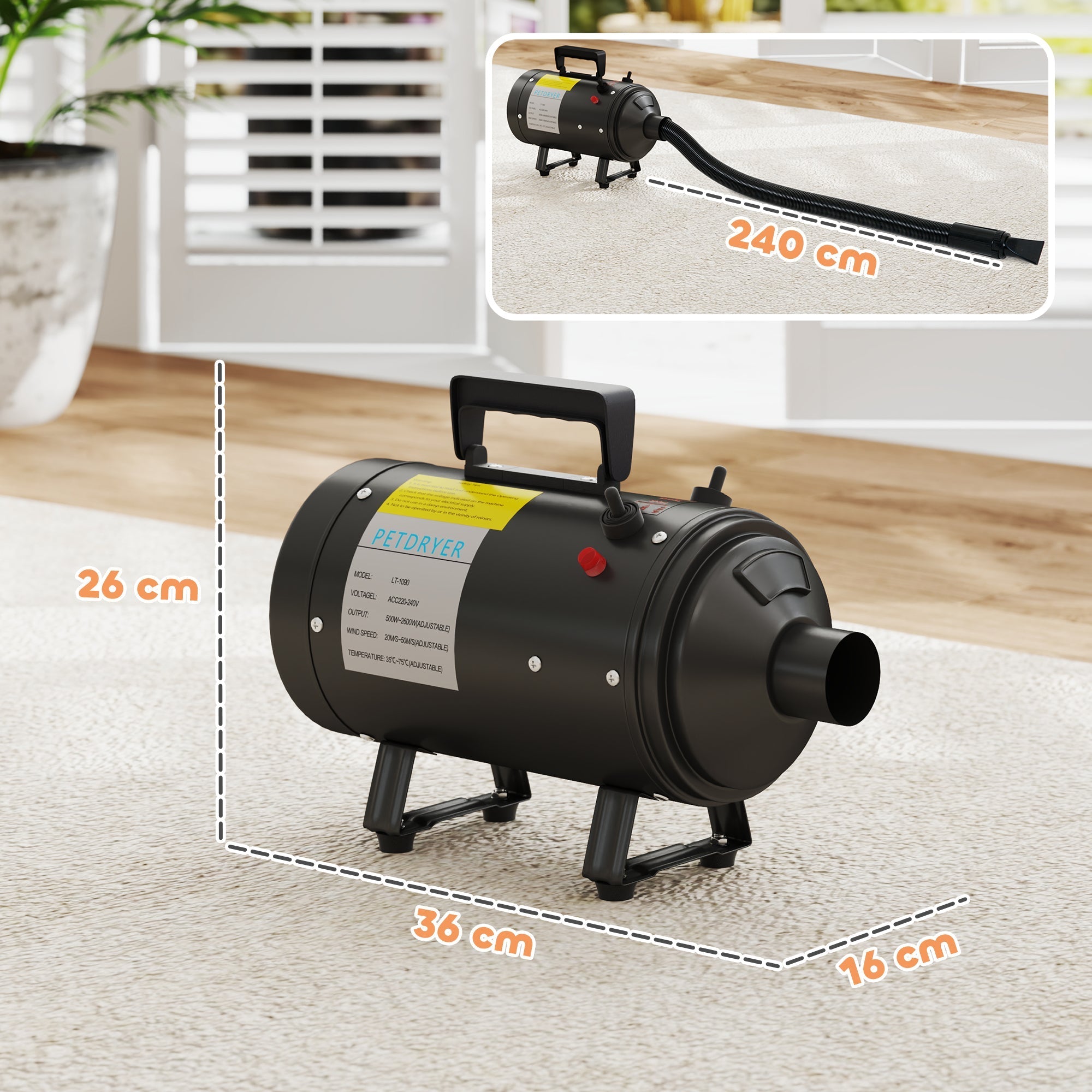 PawHut 2200W Dog Hair Dryer with Adjustable Temperature & Velocity, 3 Different Nozzles, Black