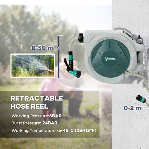 Outsunny Retractable Hose Reel Wall Mounted, 30+2m Garden Hose Pipe Reel with Lock, Auto Rewind, 7 in 1 Spray Nozzle, Includes Wall Fixings, 180\'c2\'b0 Swivel, Outdoor Watering, Grey