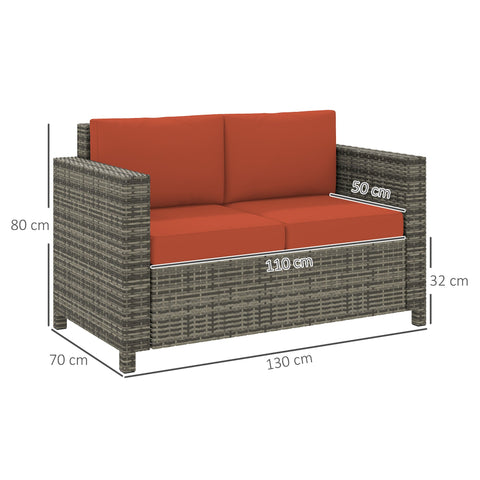 Outsunny Rattan Sofa, 2 Seater Garden Furniture with Soft Padded Cushion and Armrests, Wicker Garden Loveseat for Patio, Grey