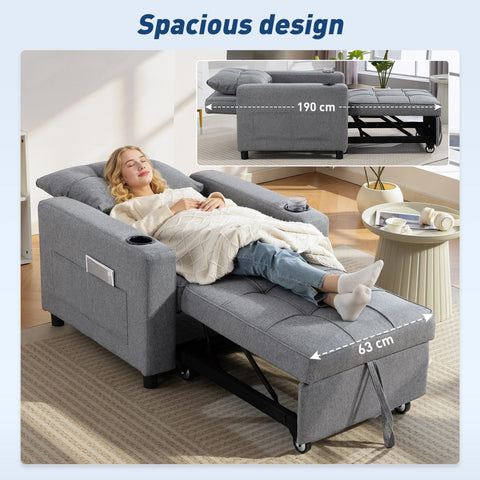 HOMCOM 3-in-1 Single Sofa Bed, Convertible Sleeper Chair Bed - Dark Grey