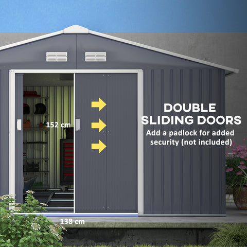 Outsunny 13 x 11ft Metal Garden Shed, Outdoor Storage Tool House with Ventilation Slots, Foundation Kit and Lockable Double Doors, Grey