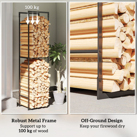 Outsunny Metal Firewood Log Holder, Heavy Duty Firewood Rack with Adjustable Shelf, Indoor Outdoor Fireplace Wood Storage Shelf, 45 x 31 x 170 cm, Black