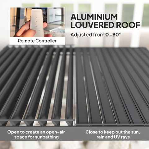 Outsunny 3 x 3(m) Electric Louvered Pergola with LED Lights, Aluminium Pergola Hardtop Gazebo with Remote, Adjustable Roof and Drainage System, Water and UV Proof