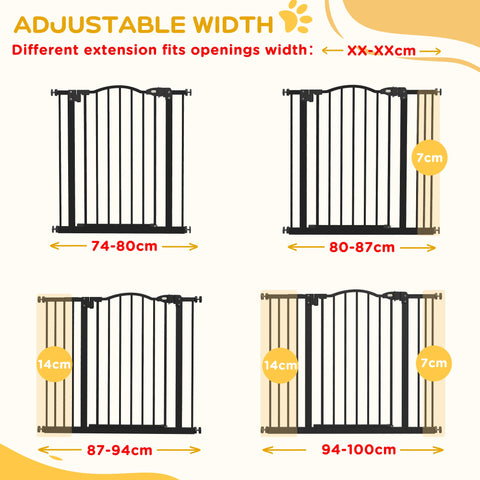 PawHut Metal 74-100cm Adjustable Pet Gate Safety Barrier w/ Auto-Close Door Black