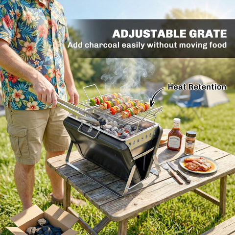 Outsunny Charcoal BBQ Grill Portable Stainless Steel Barbecue with Tilting Grate for Camping Picnic Garden Black