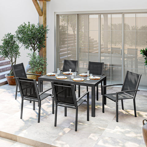 Outsunny Seven-Piece Garden Dining Set, with Plastic Wood-Top Table - Black