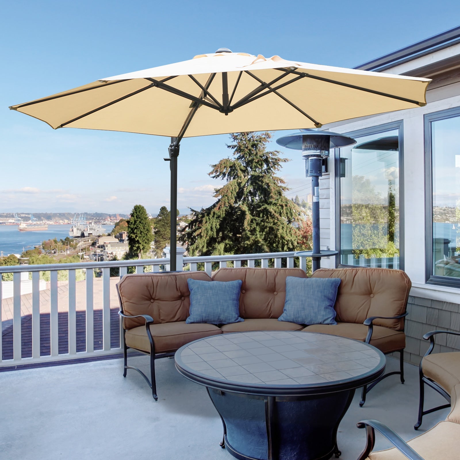 Outsunny Round Umbrella Parasol W/ Tilt 360° Rotation and Hand Crank Cross Base-Beige