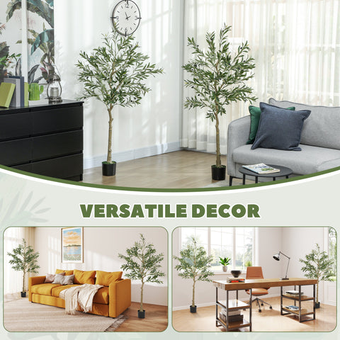 HOMCOM Set of 2 5ft/ 150cm Decorative Artificial Plant, Silk Olive Tree with 720 Leaves and 32 Olive Fruits in Pot, Fake Plant for Home, Office, Living Room, Indoor Decor
