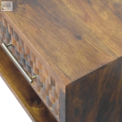 Brown wooden cadiz carved shoe bench with woven texture top and metal handle for storage and seating