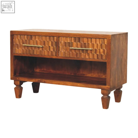 Rustic wooden cadiz carved shoe bench with two woven drawers, brass handles, and a lower open shelf