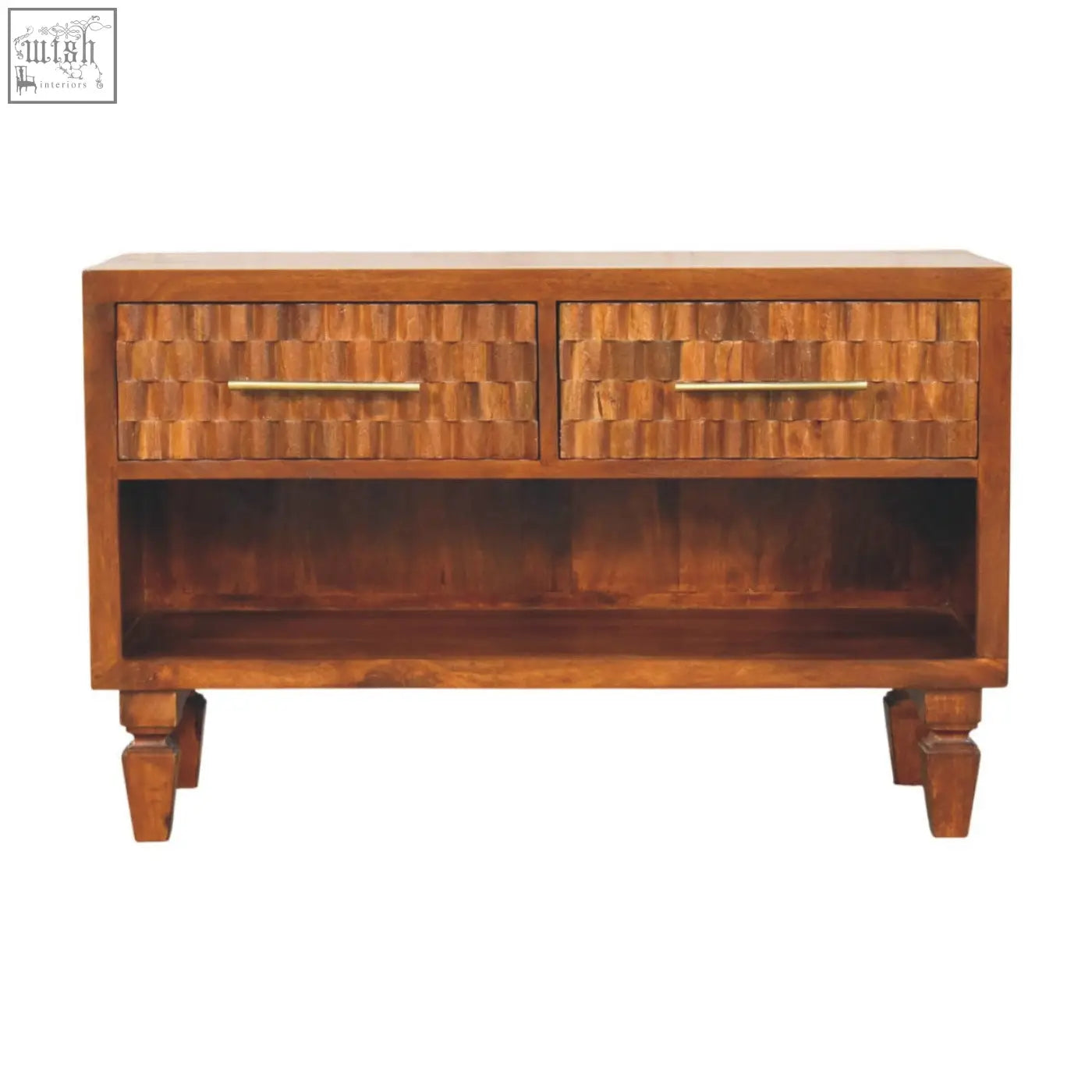 Warm brown wooden cadiz carved shoe bench with two woven drawer fronts and brass handles