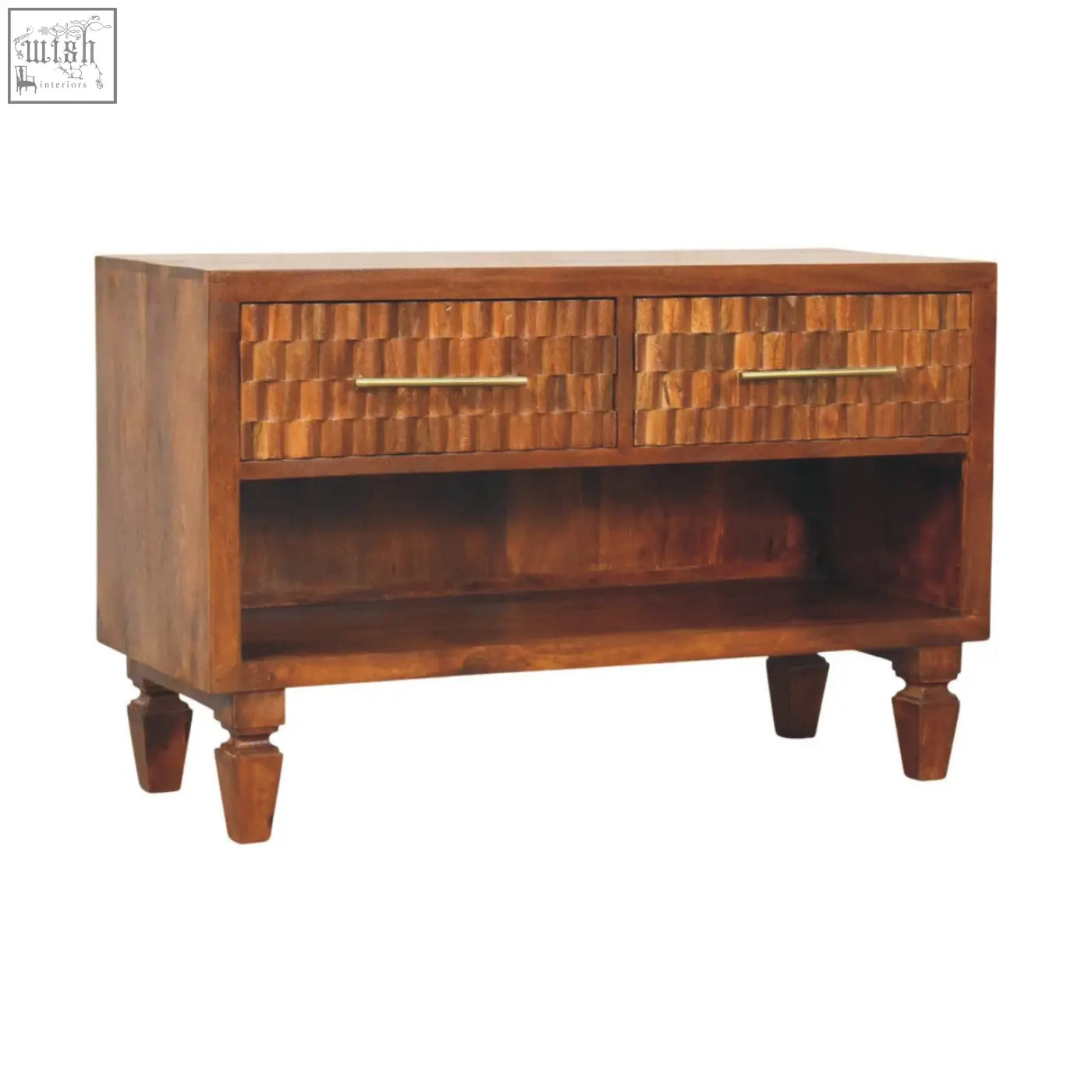 Warm-toned wooden cadiz carved shoe bench with two woven drawer fronts and brass handles for storage