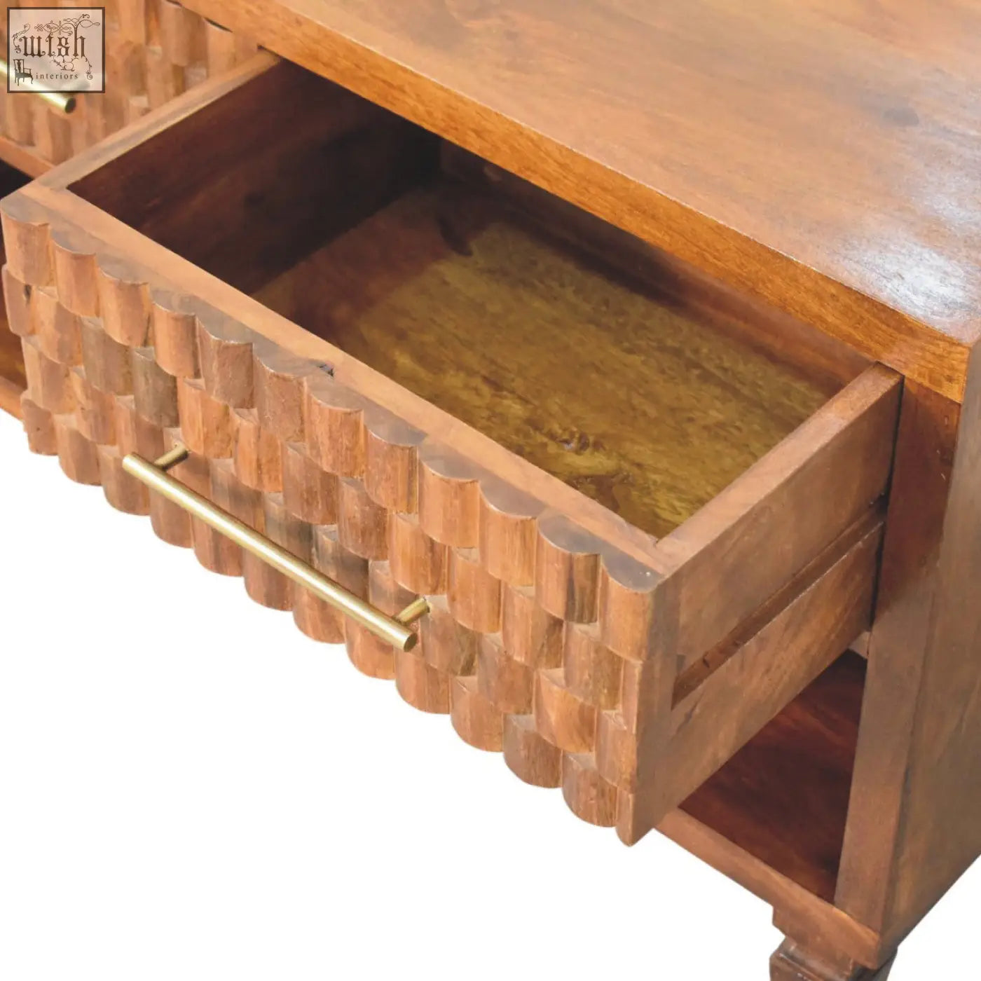 Wooden cadiz carved shoe bench with woven texture front and brass handles perfect for bedroom storage