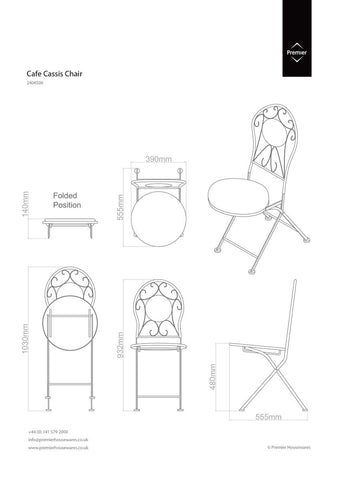 Cream powder coated metal cafe cassis chair with ornate wrought iron scrollwork back shown from the back side