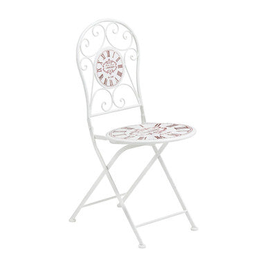 White wrought iron cafe cassis cream powder coated folding chair with ornate scrollwork back and mosaic seat