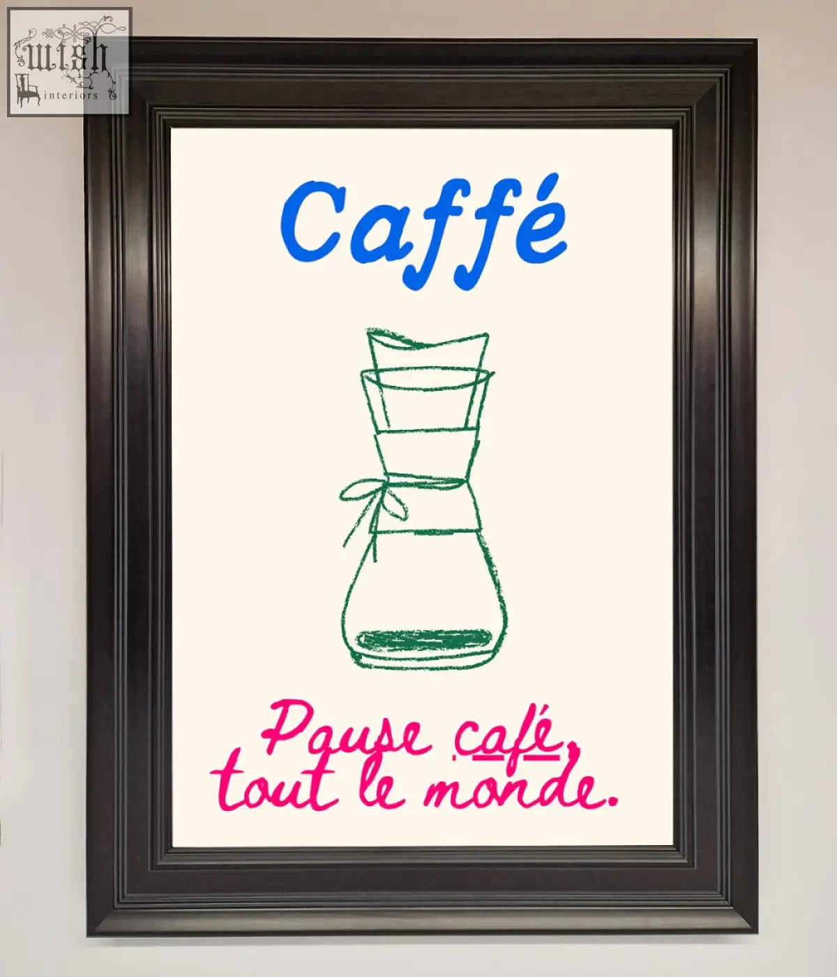 A caffe art framed print with a green chalk chemex brewer and blue and pink script for coffee lovers wall decor
