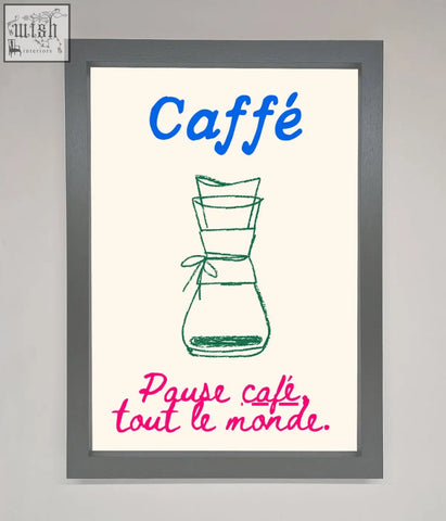 A caffe art framed print featuring a green ink hand-drawn chemex coffee maker with french cafe quotes