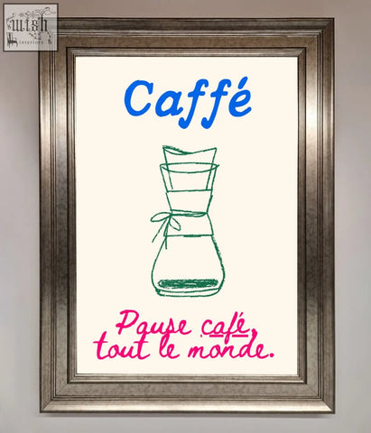 A caffe art framed print with a green chalk-style chemex brewer and colorful caffé script perfect for coffee lovers