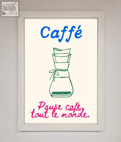 A caffe art framed print with a green ink hand-drawn chemex coffee maker and french coffee pause text