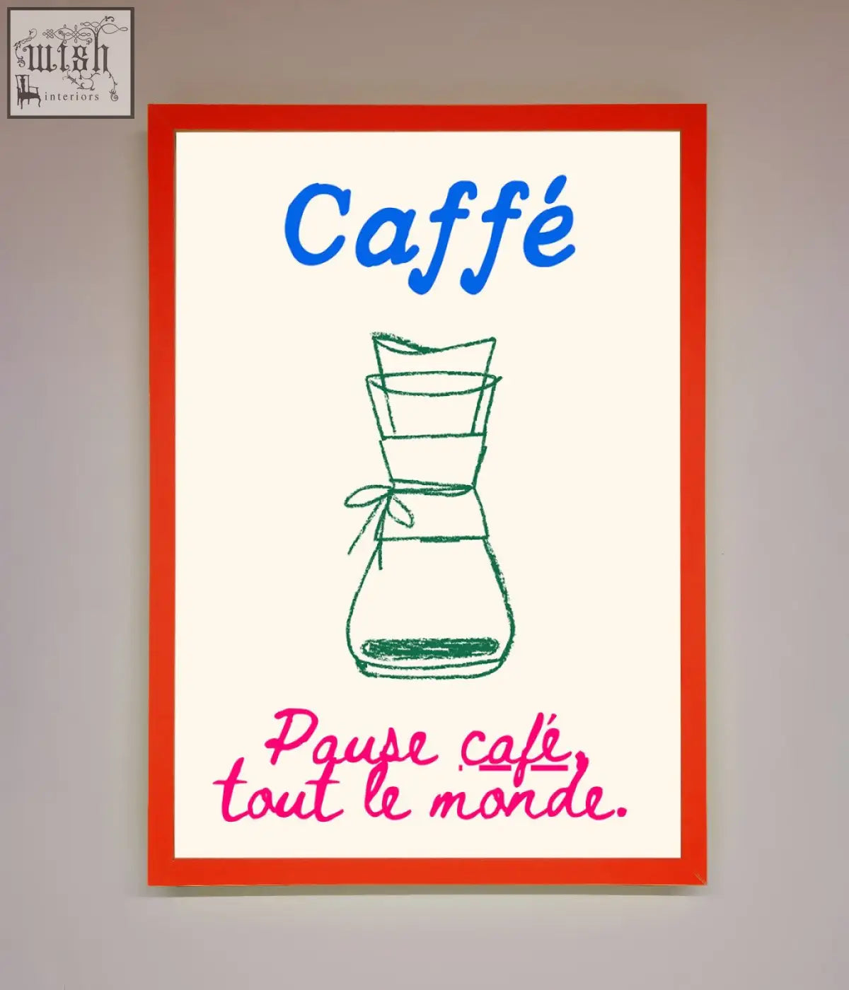 A caffe art framed print with red border featuring blue caffe script and green chemex drawing for pause cafe vibes
