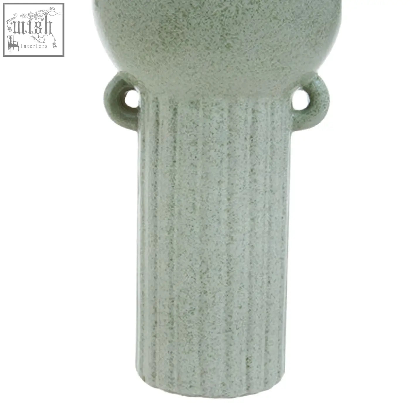Matte sage green ceramic calcita large speckled green vase with vertical ridges and small looped handles on each side