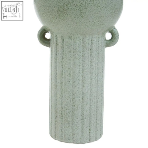 Matte sage green ceramic calcita large speckled green vase with vertical ridges and small looped handles on each side