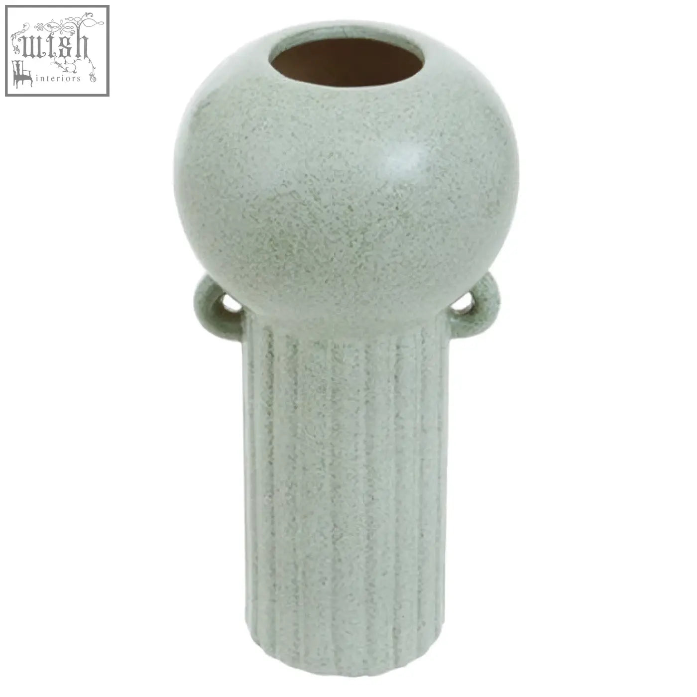 A matte light green ceramic calcita large speckled vase with rounded top ribbed sides and two loop handles