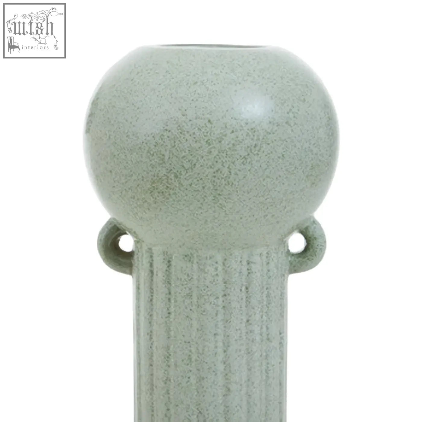 A calcita large speckled green ceramic vase with a sleek rounded top and vertical ridged columns