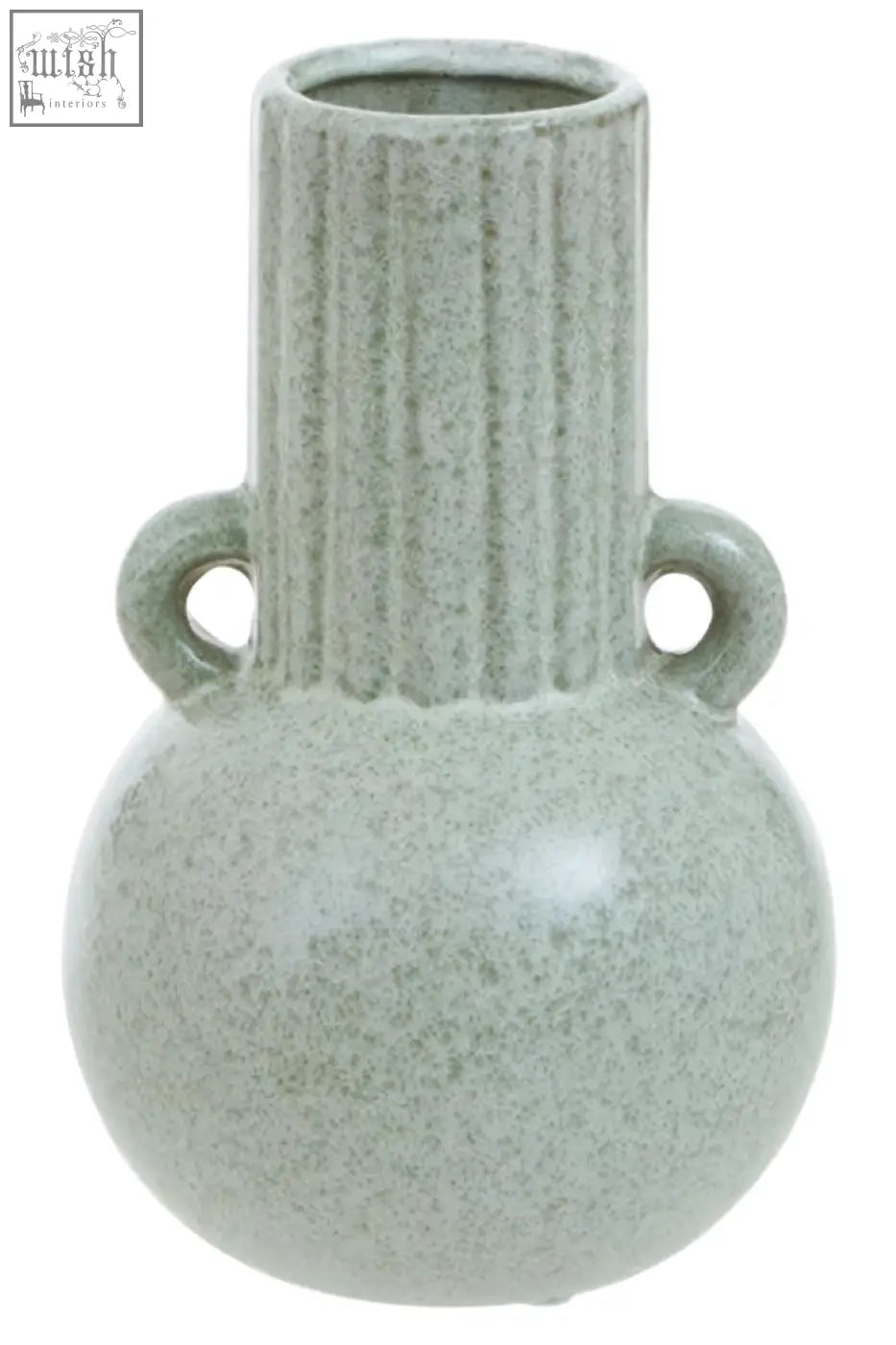 A calcita small speckled green ceramic vase with a light gray speckled finish fluted neck and two rounded handles