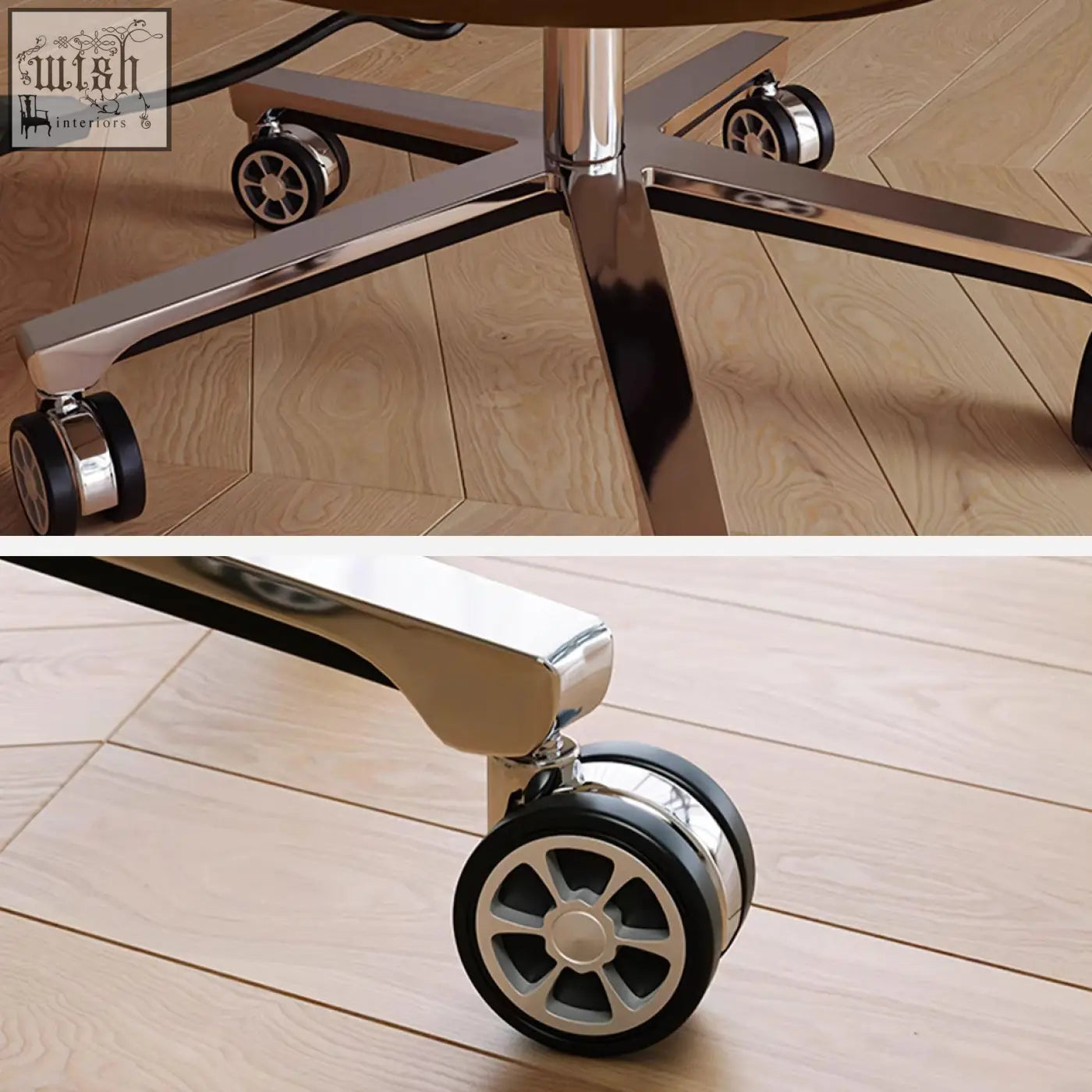 Chrome-finished caster wheel with black rubber tire on calder swivel office chair with leathaire seat for smooth mobility