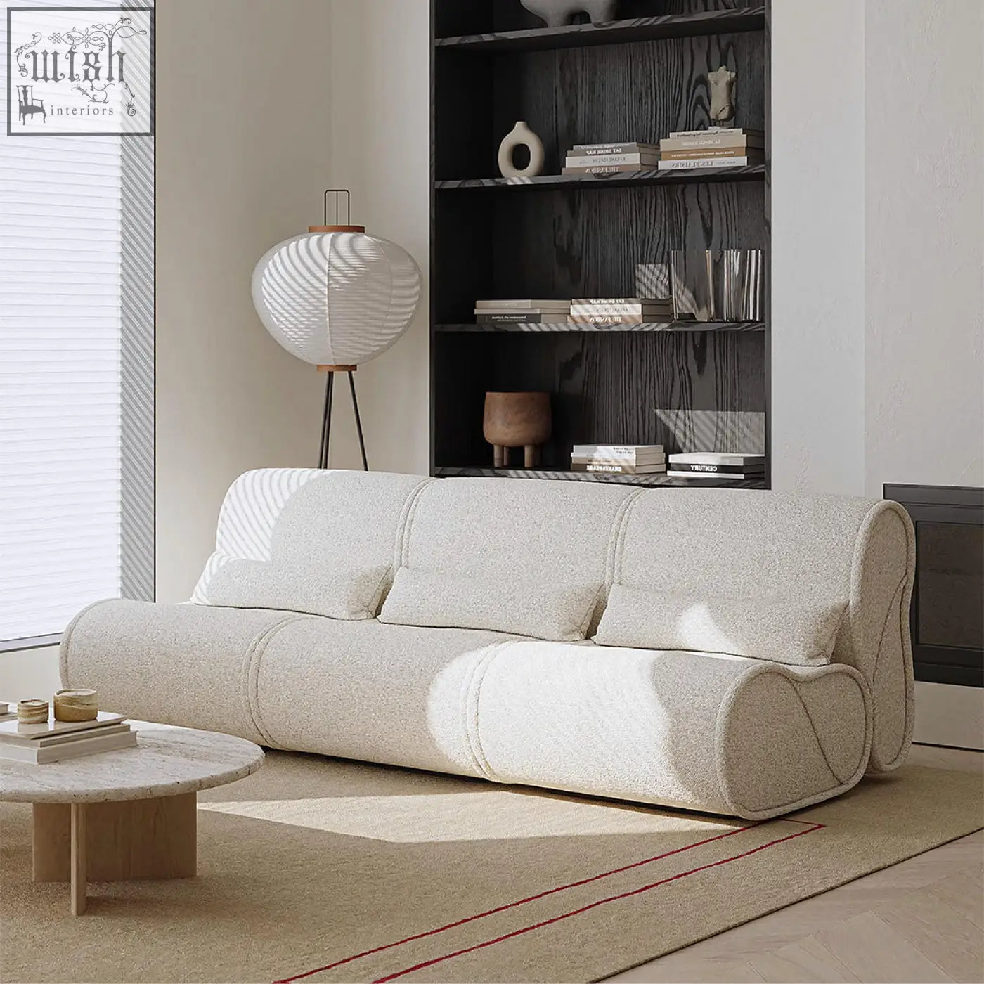Beige textured fabric modular three seater corner sofa with rounded design and segmented cushions calderón model