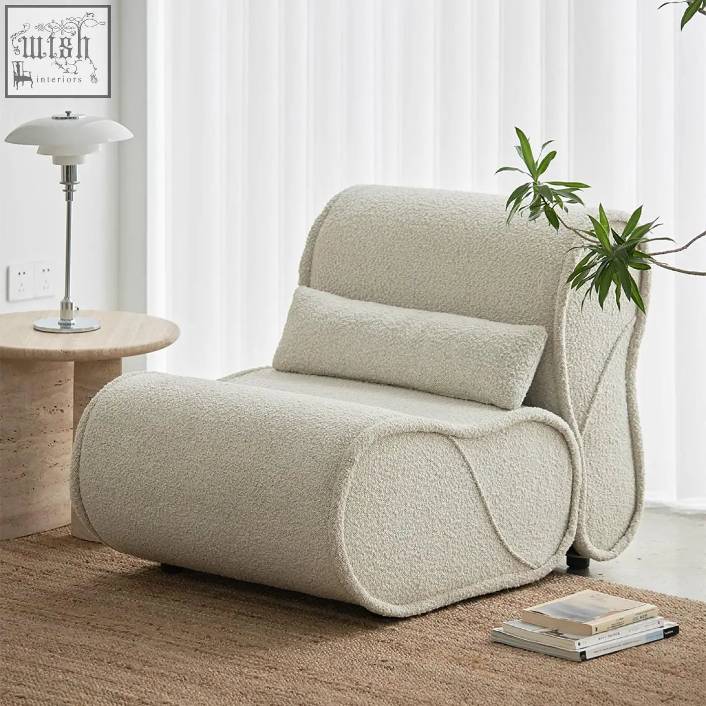 Cream-colored plush modular three seater armchair with soft textured fabric and integrated cushion for corner sofa setup