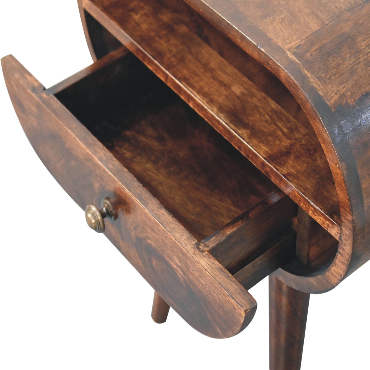 Curved california walnut circular bedside with open slot and single drawer warm brown wood and brass knob