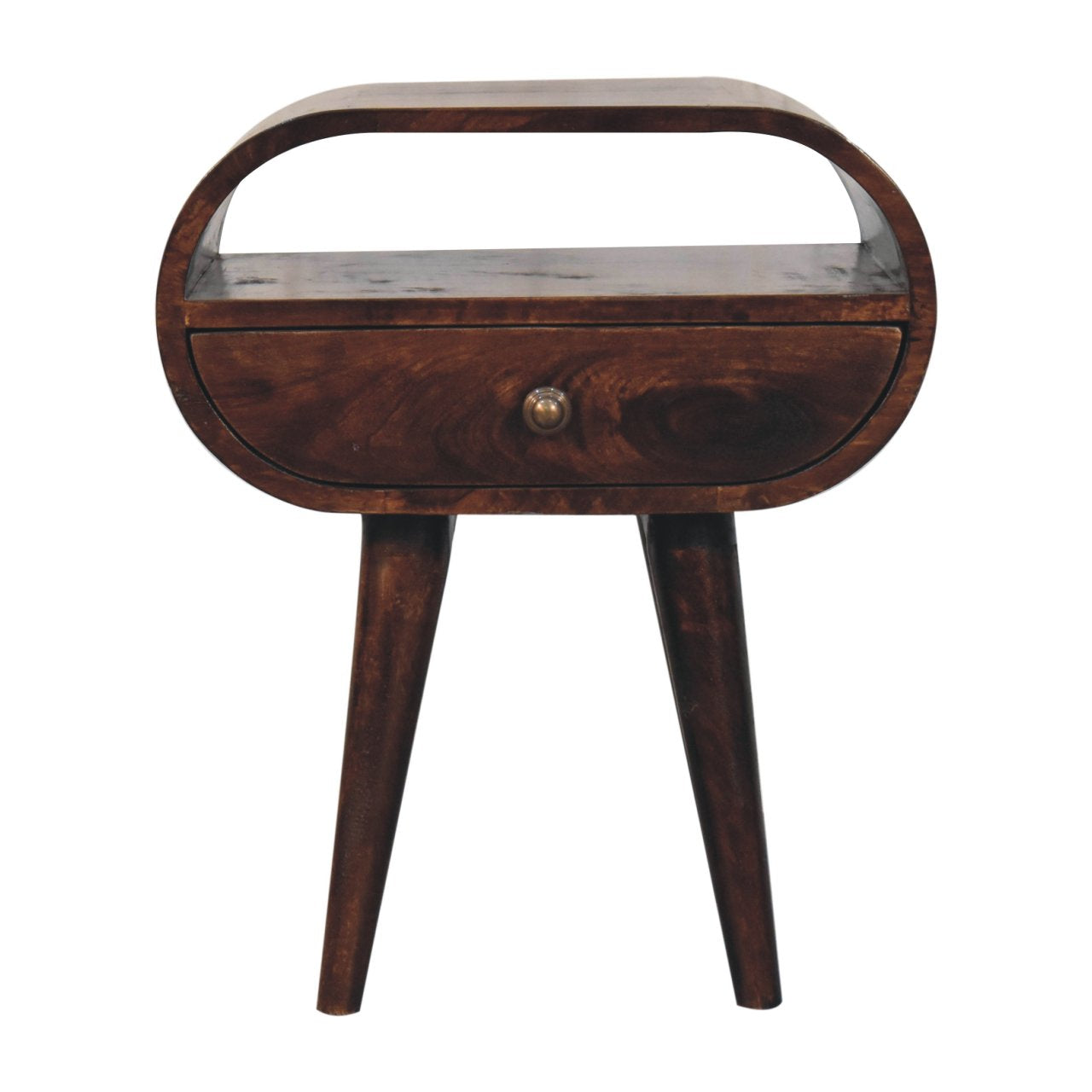 Dark brown california walnut circular bedside table with curved top tapered legs and open slot design