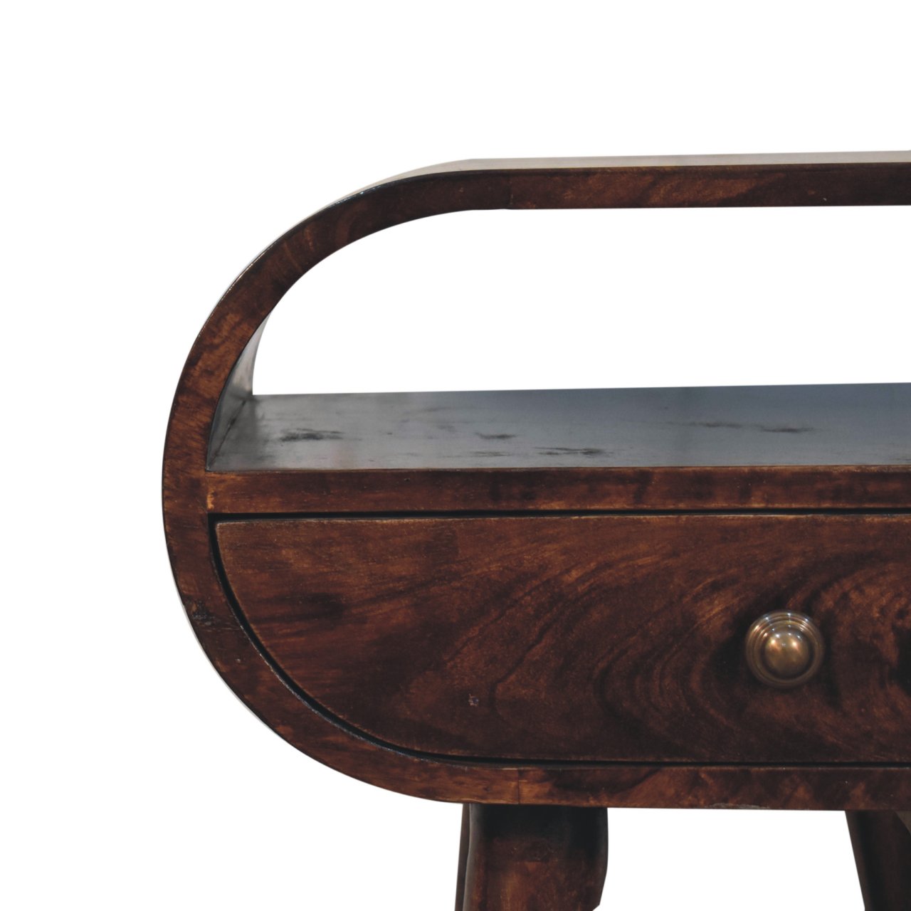 Dark brown burled wood california walnut circular bedside table with curved top and single drawer brass knob