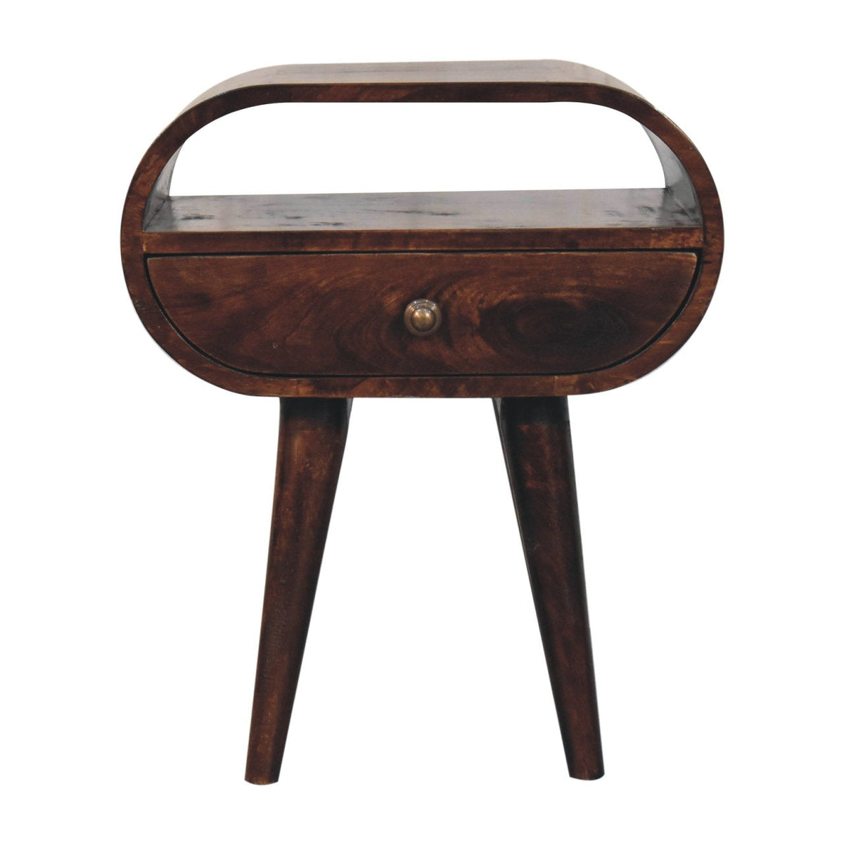 Dark brown wooden california walnut circular bedside table with curved top tapered legs and open slot design