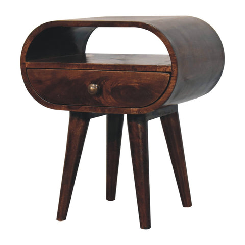Dark brown wooden california walnut circular bedside table with curved top single drawer and tapered legs