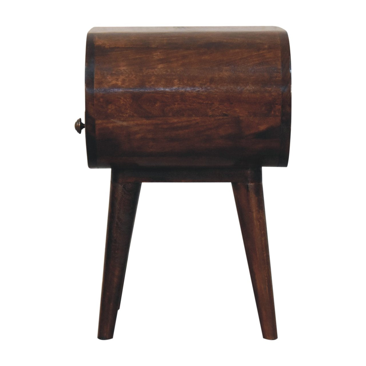 Dark brown california walnut circular bedside table with open slot and tapered legs for bedroom storage
