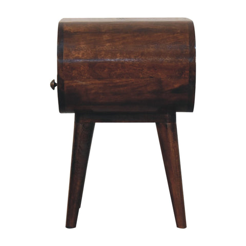 Dark brown california walnut circular bedside table with open slot and tapered legs for bedroom storage