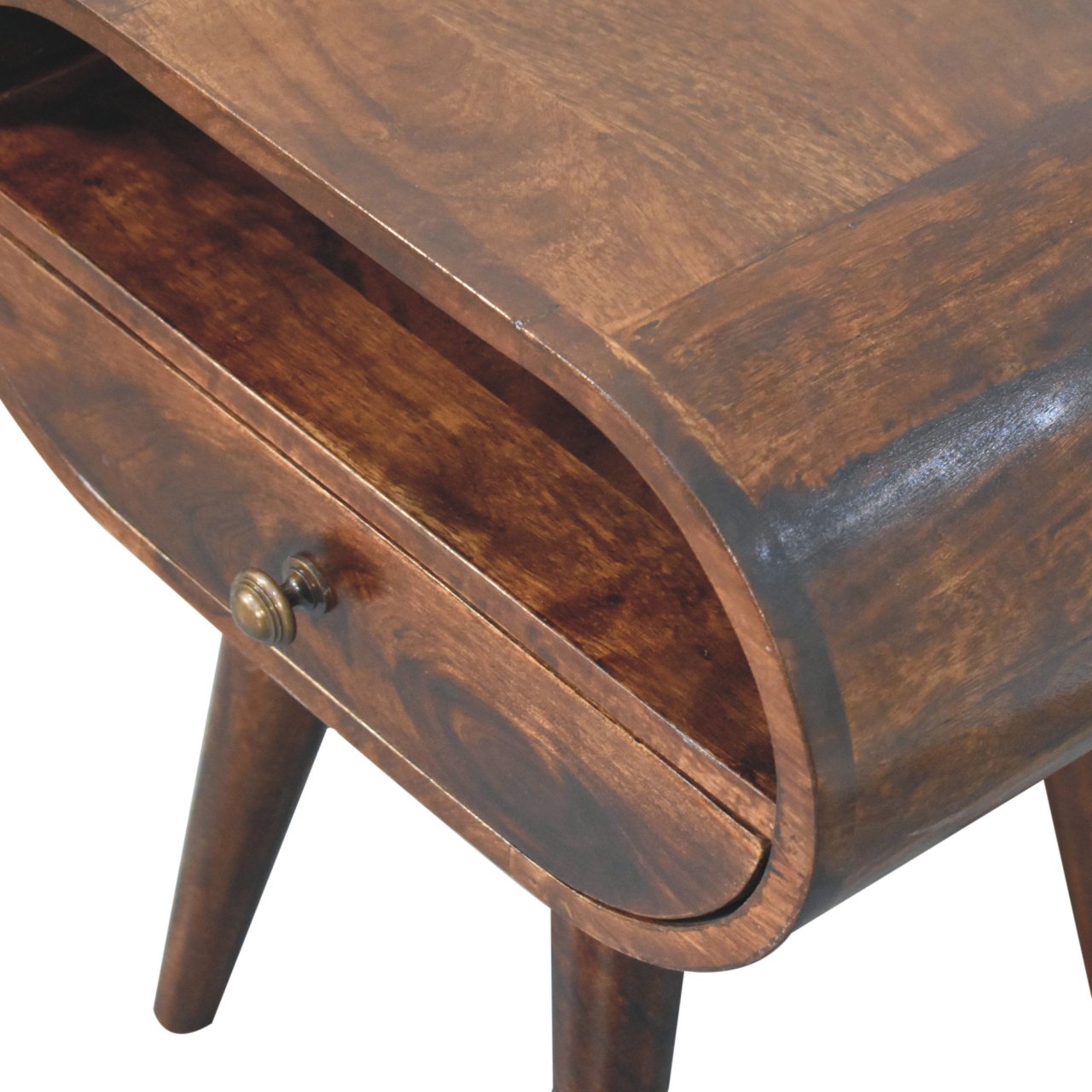 California walnut circular bedside table with mid-century modern curved dark brown wood and brass knob design