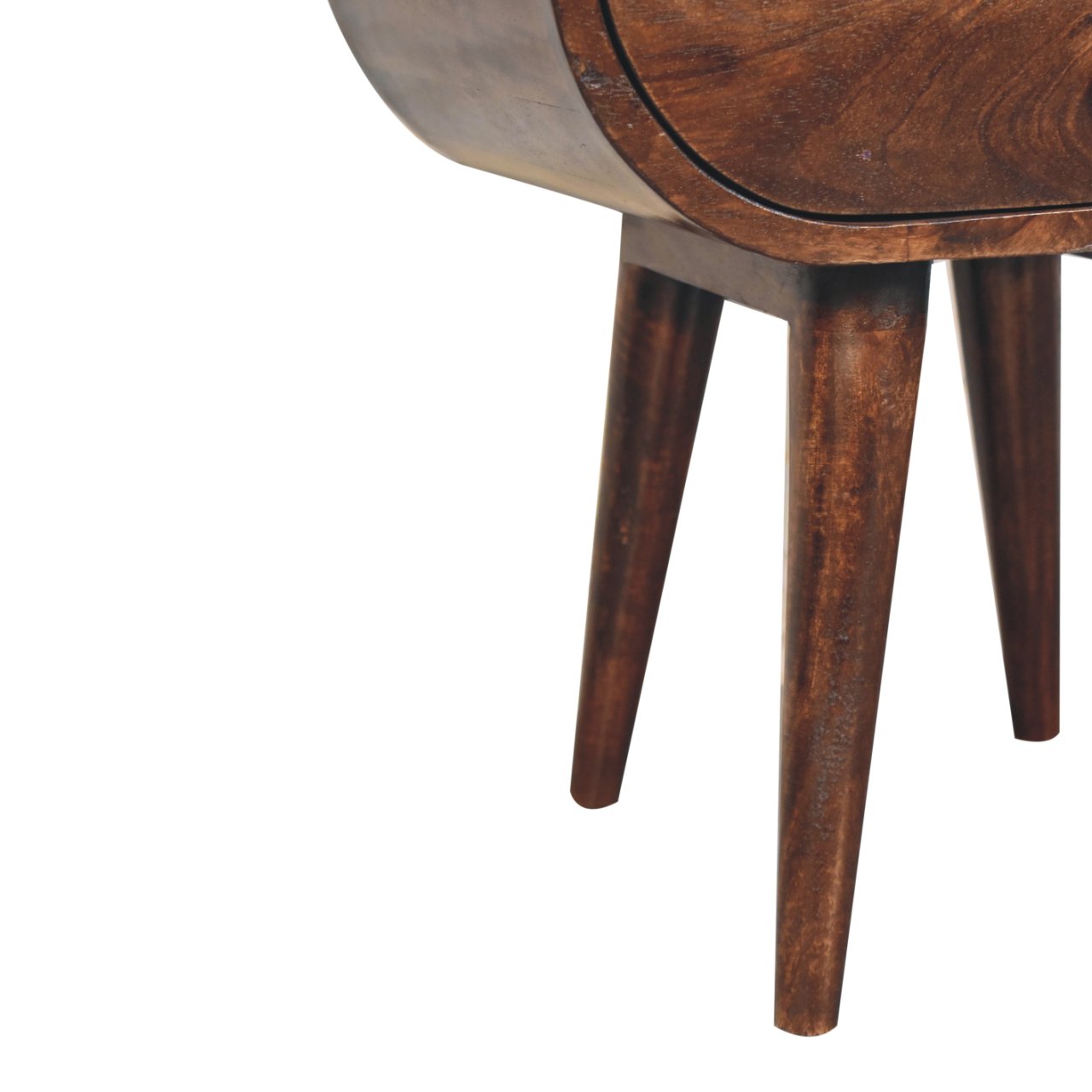 Mid-century modern california walnut circular bedside table with tapered legs curved top and open slot design
