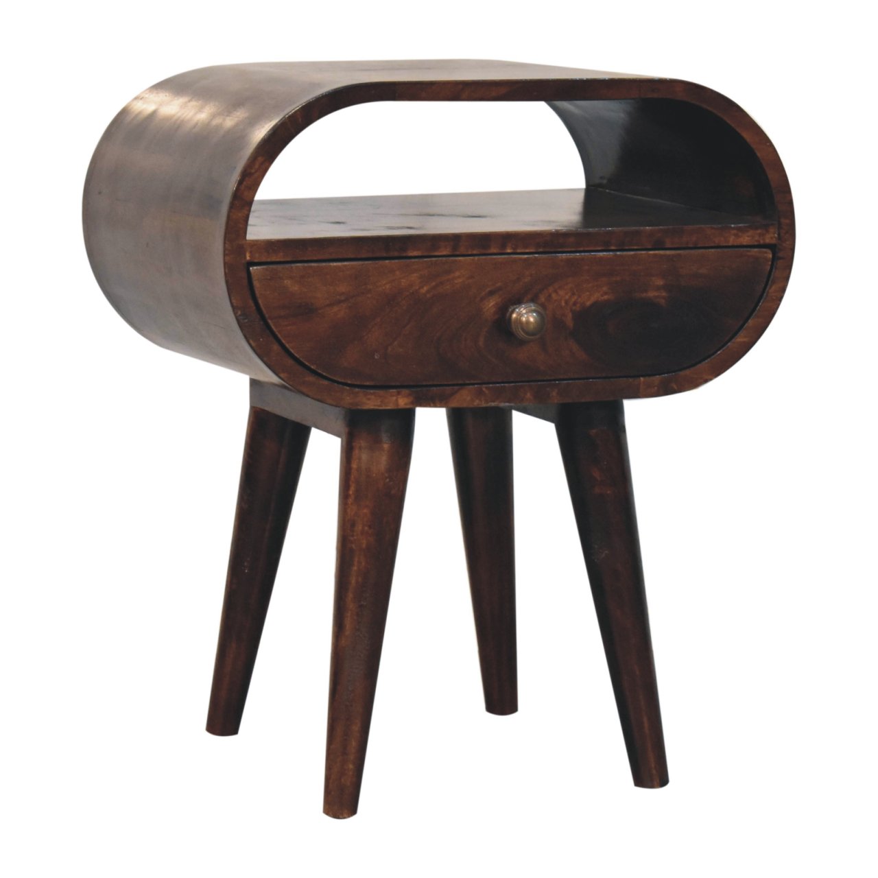 Mid-century modern california walnut circular bedside table with dark wood oval top metal frame and brass knob drawer