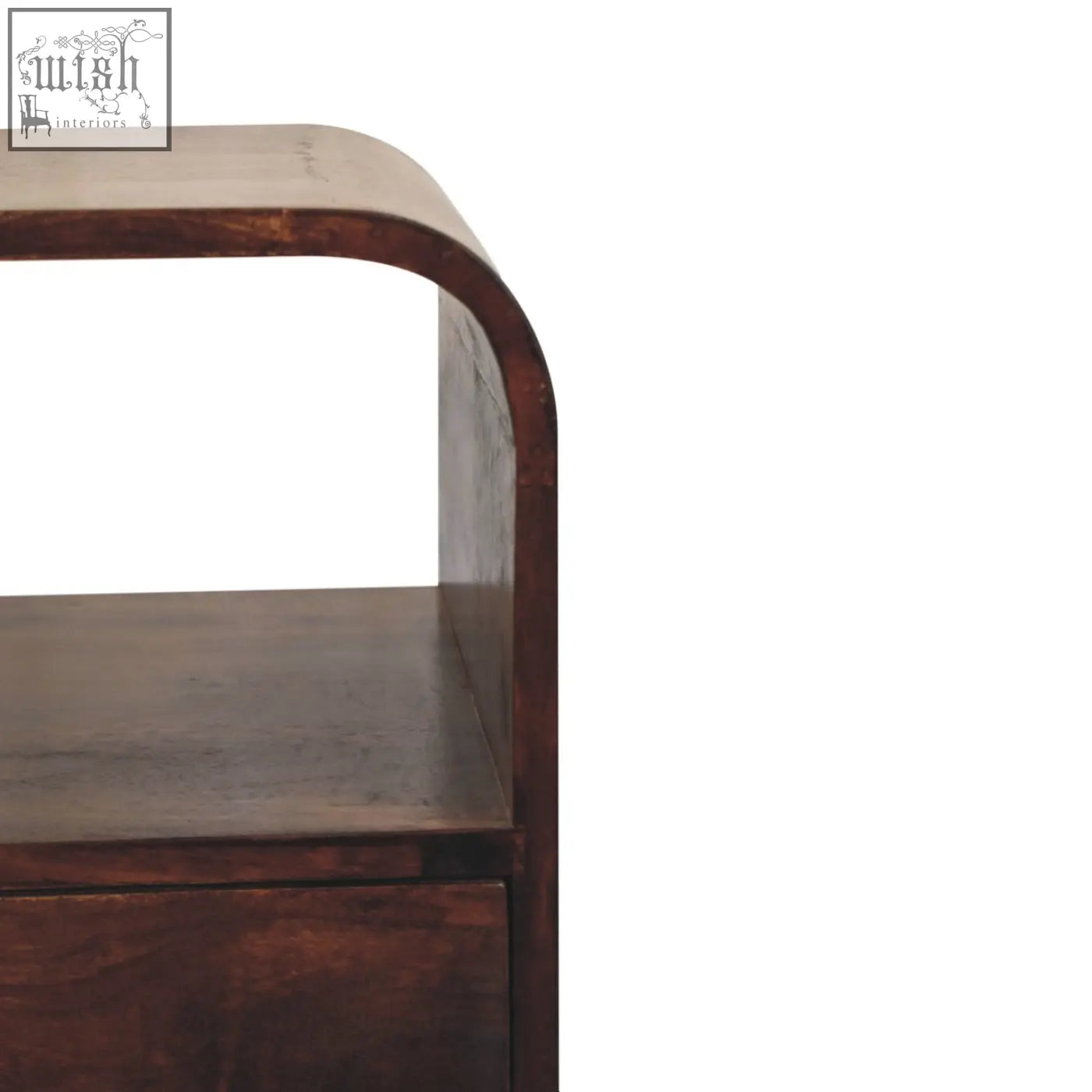 Dark brown california walnut curved edge bedside table with visible wood grain and a smooth curved top edge