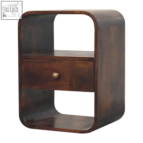 Dark brown california walnut curved edge nightstand with single drawer and rounded edges bedside table