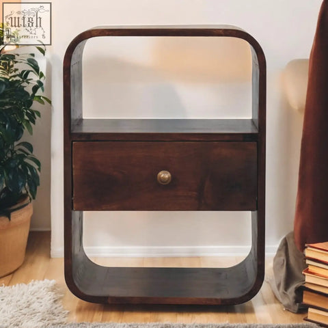 Dark wood california walnut curved edge nightstand with single drawer and brass knob for bedside use