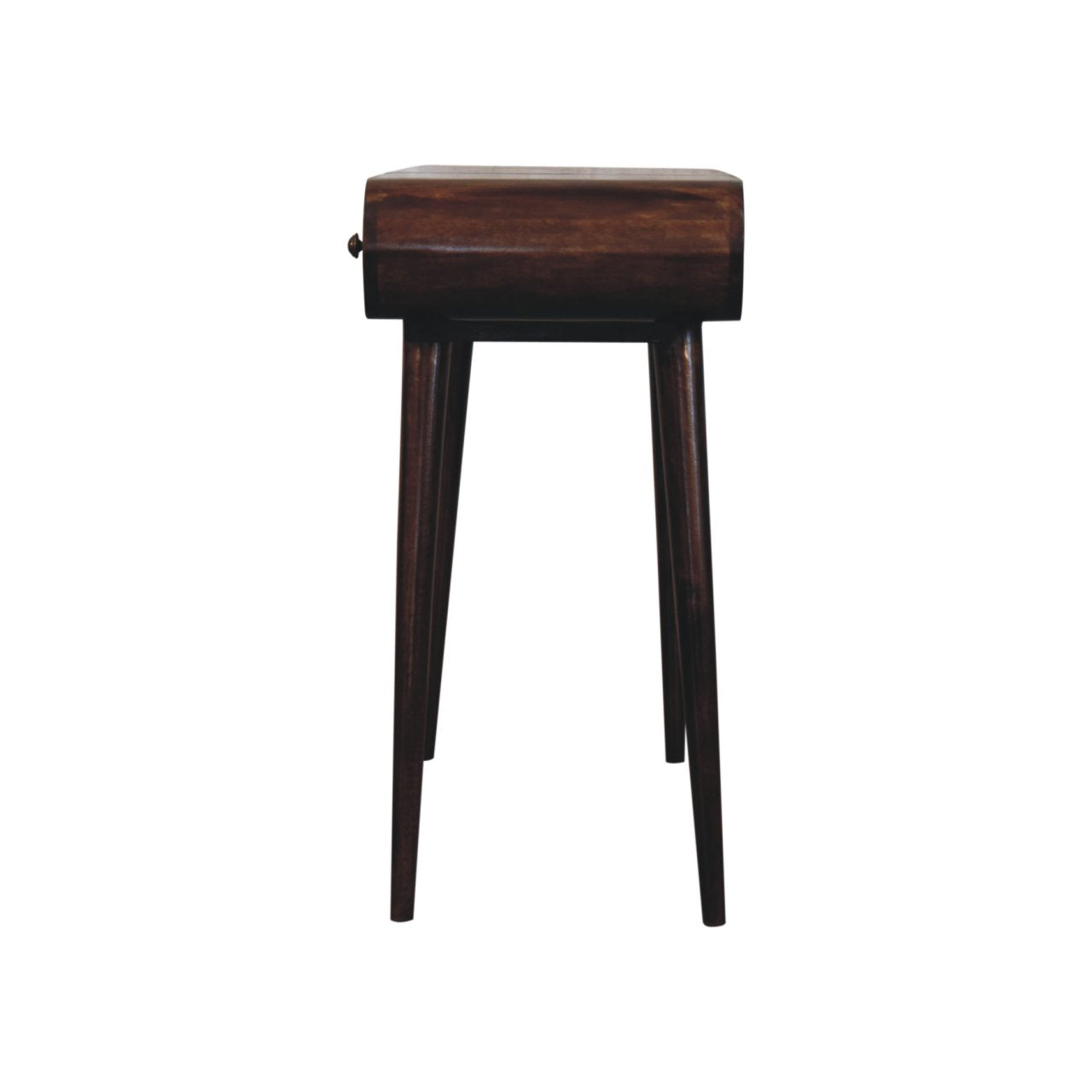 Dark brown california walnut dressing table with slender legs, single drawer, and foldable mirror for stylish storage