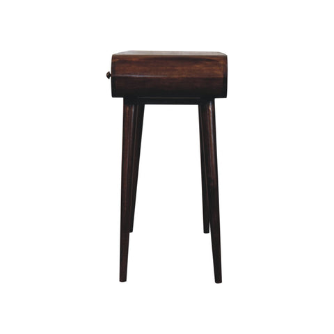 Dark brown california walnut dressing table with slender legs, single drawer, and foldable mirror for stylish storage