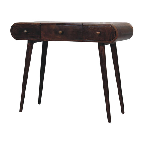 Dark wood california walnut dressing table with foldable mirror and three curved drawers on tapered legs