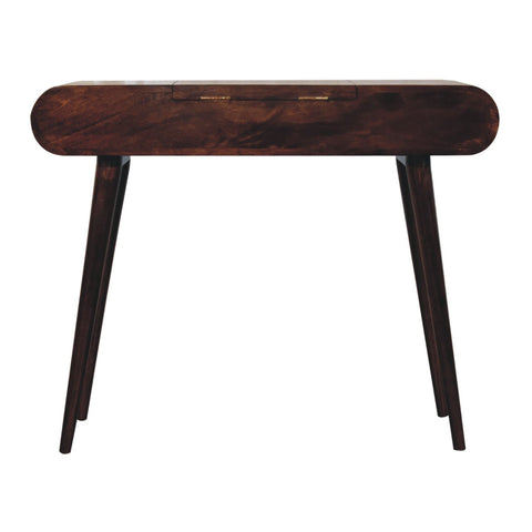 Dark wood california walnut dressing table with foldable mirror and brass hardware drawer on tapered legs