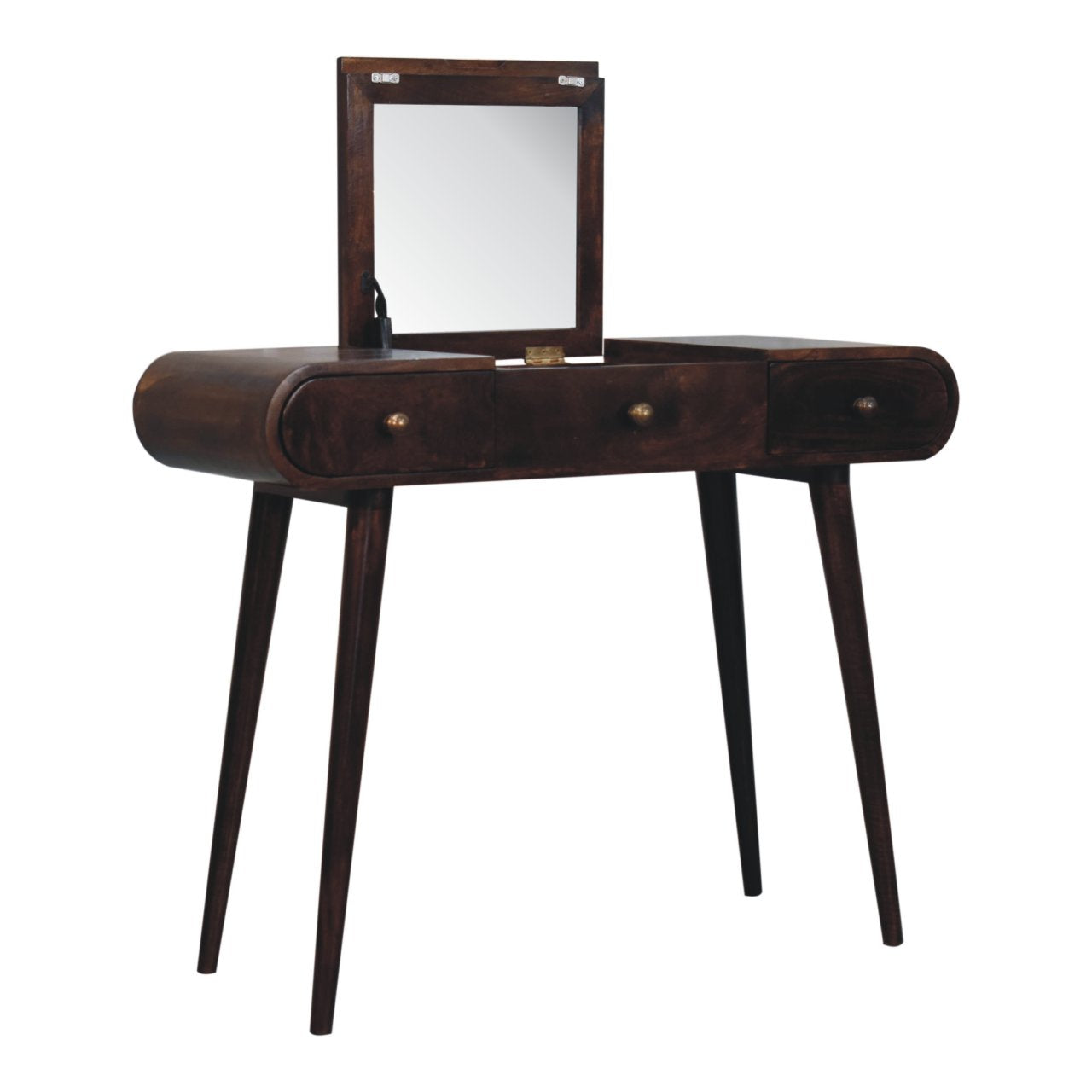 Dark wood california walnut dressing table with foldable mirror and three drawers with brass knobs